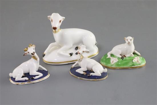 Four Chamberlain Worcester porcelain figures of recumbent deer and a sheep, c.1820-40, L. 4.6cm - 7.3cm